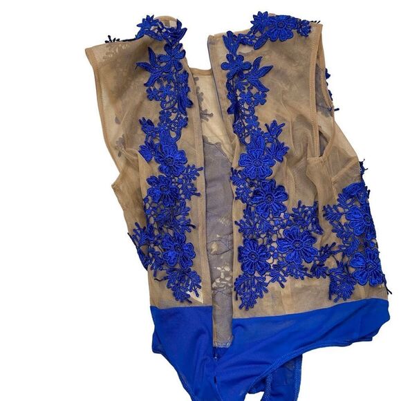 CQ by CQ Brand Sheer and‎ Royal Blue Floral Appliqué Bodysuit Size Small - Picture 5 of 10